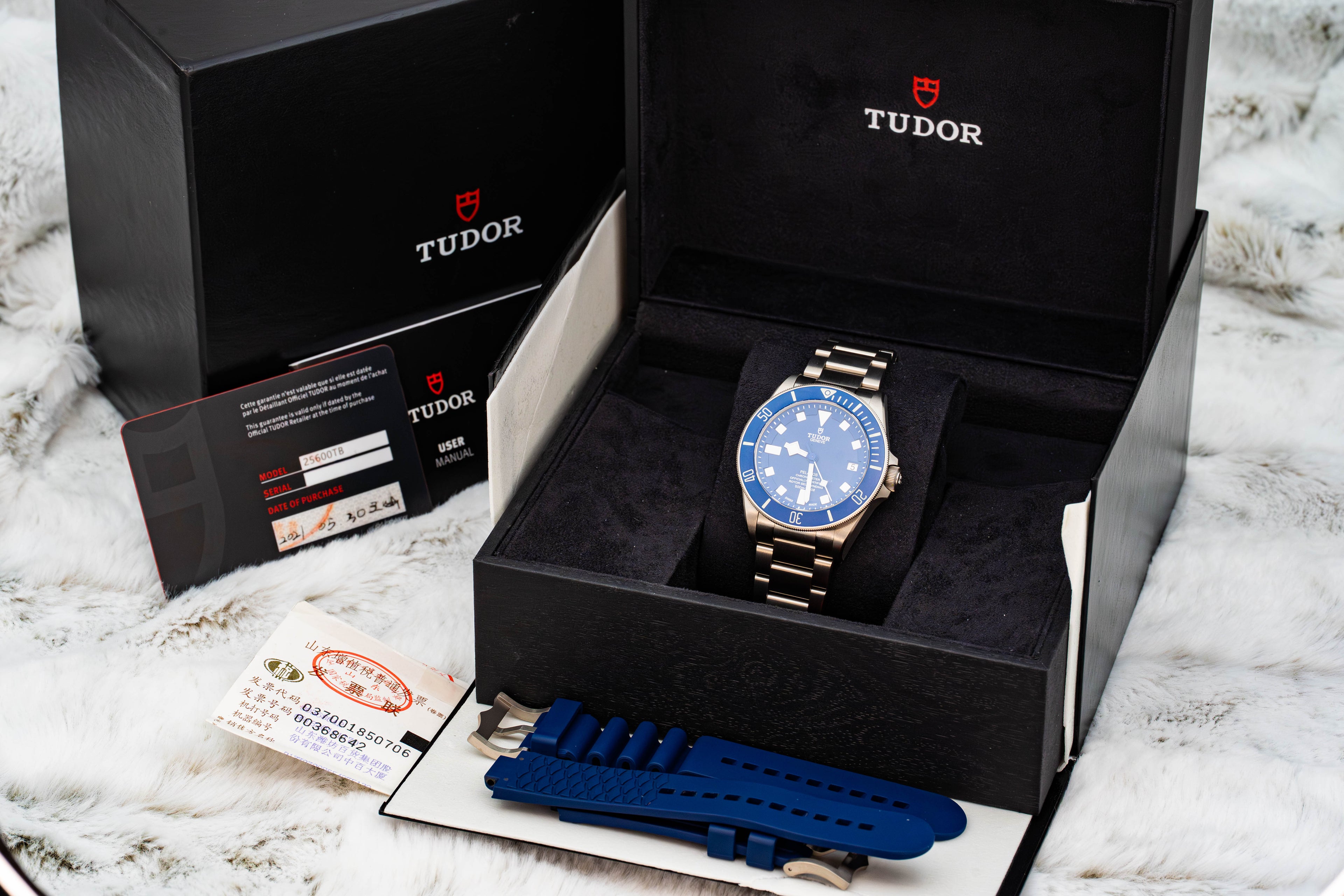 Tudor Pelagos 25600TB 42mm Titanium Blue Dial on Bracelet w Extra Strap B+P