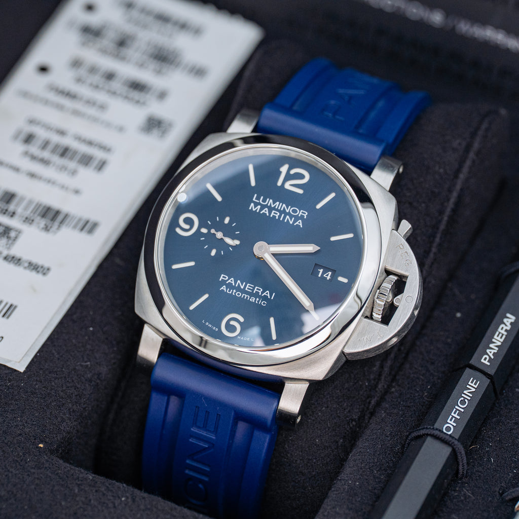 2021 Panerai Luminor Marina PAM01313 Blue Dial on Blue Strap Steel 44mm B+P
