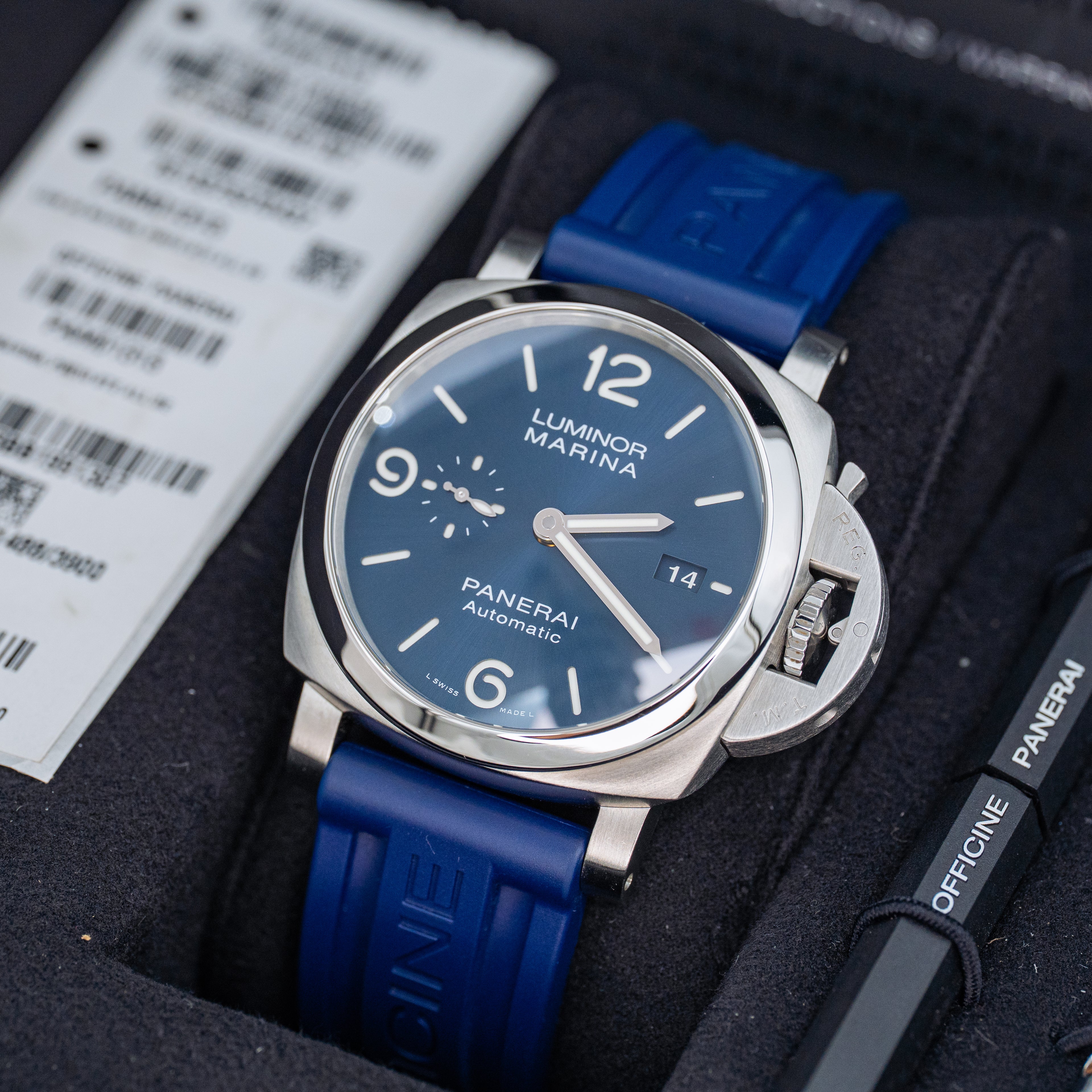 2021 Panerai Luminor Marina PAM01313 Blue Dial on Blue Strap Steel 44mm B+P