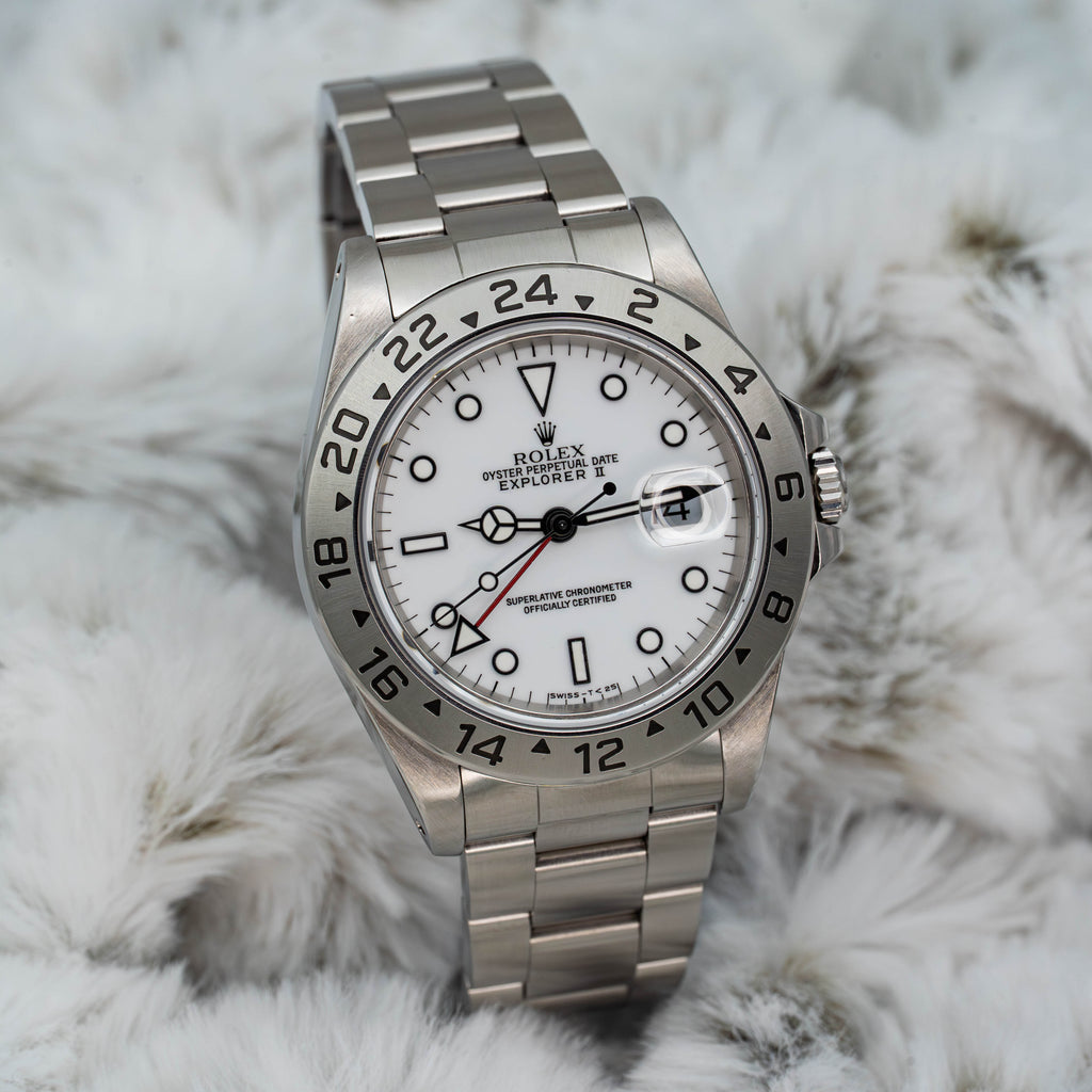 Rolex Explorer II GMT 40mm 16570 White Polar Dial Stainless Steel B+P