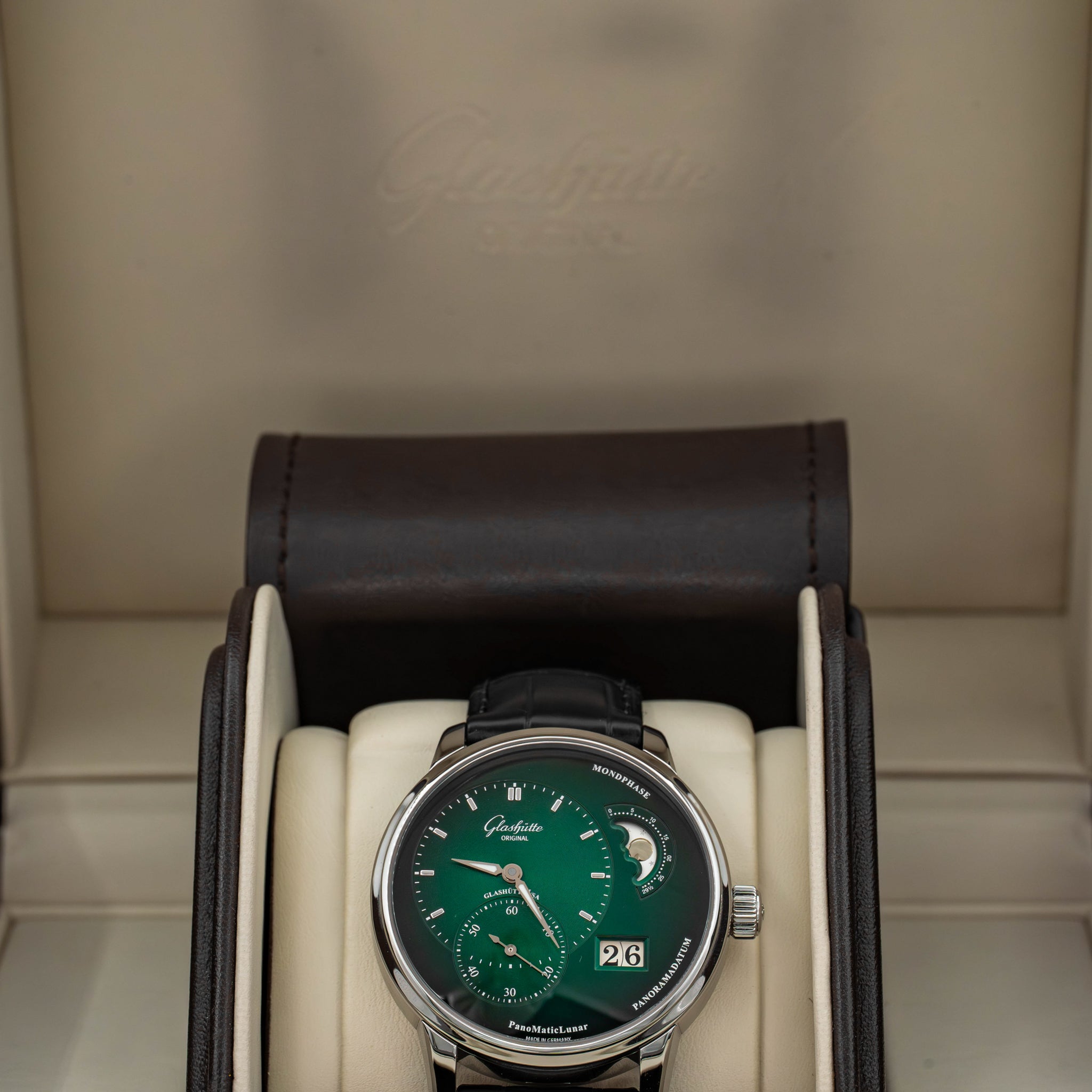 2024 Glashütte Original PanoMaticLunar Green Dial on Black Alligator Strap B+P