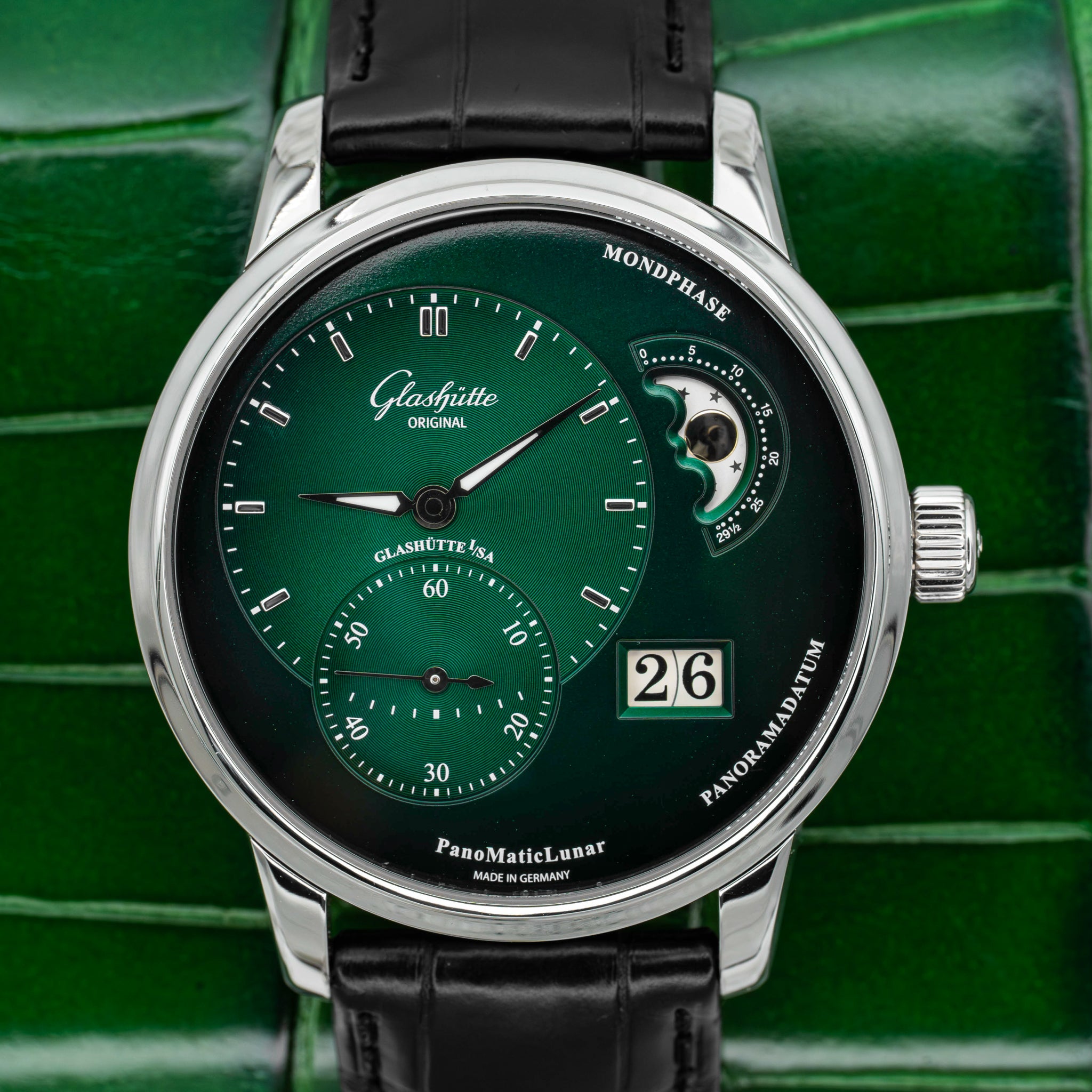 2024 Glashütte Original PanoMaticLunar Green Dial on Black Alligator Strap B+P