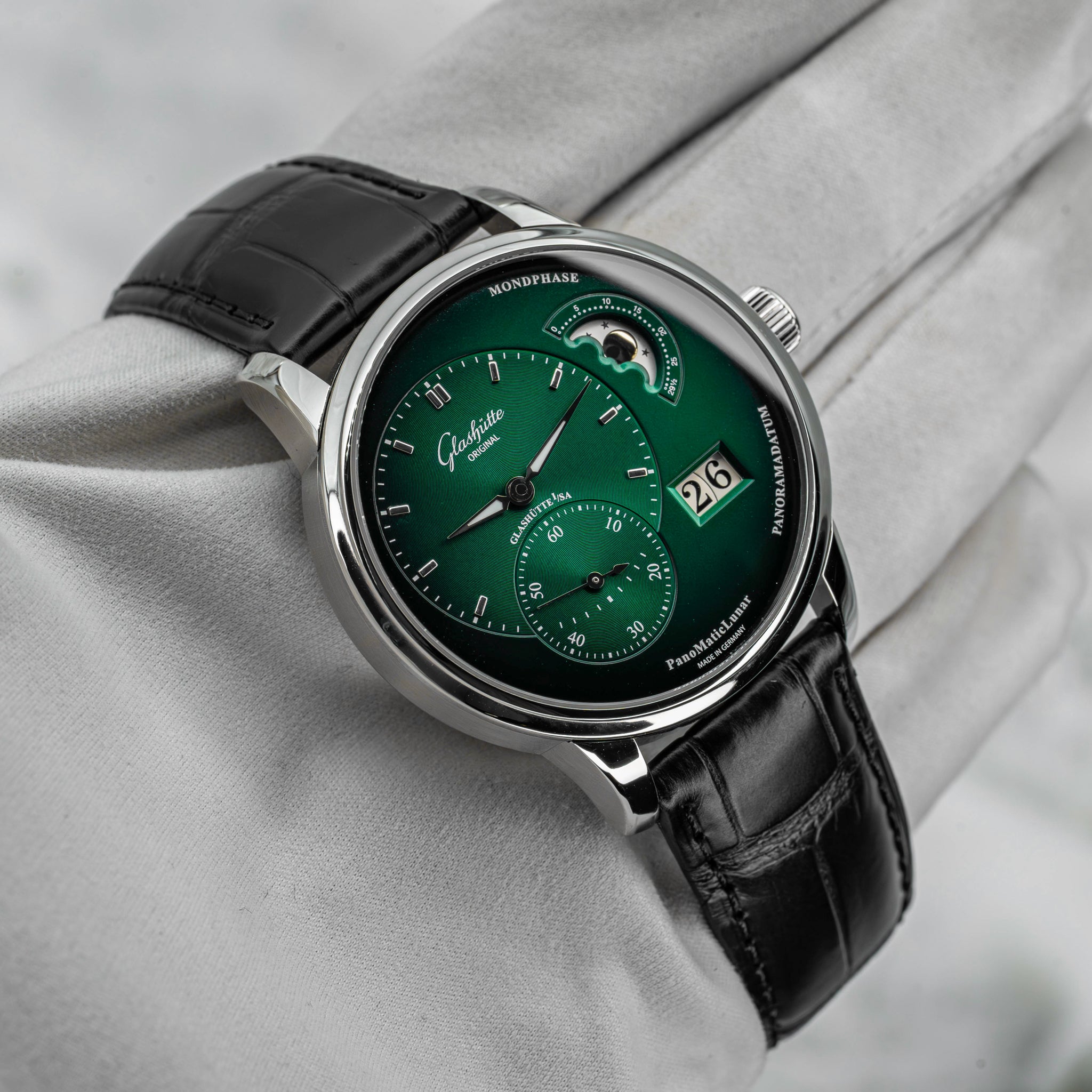 2024 Glashütte Original PanoMaticLunar Green Dial on Black Alligator Strap B+P