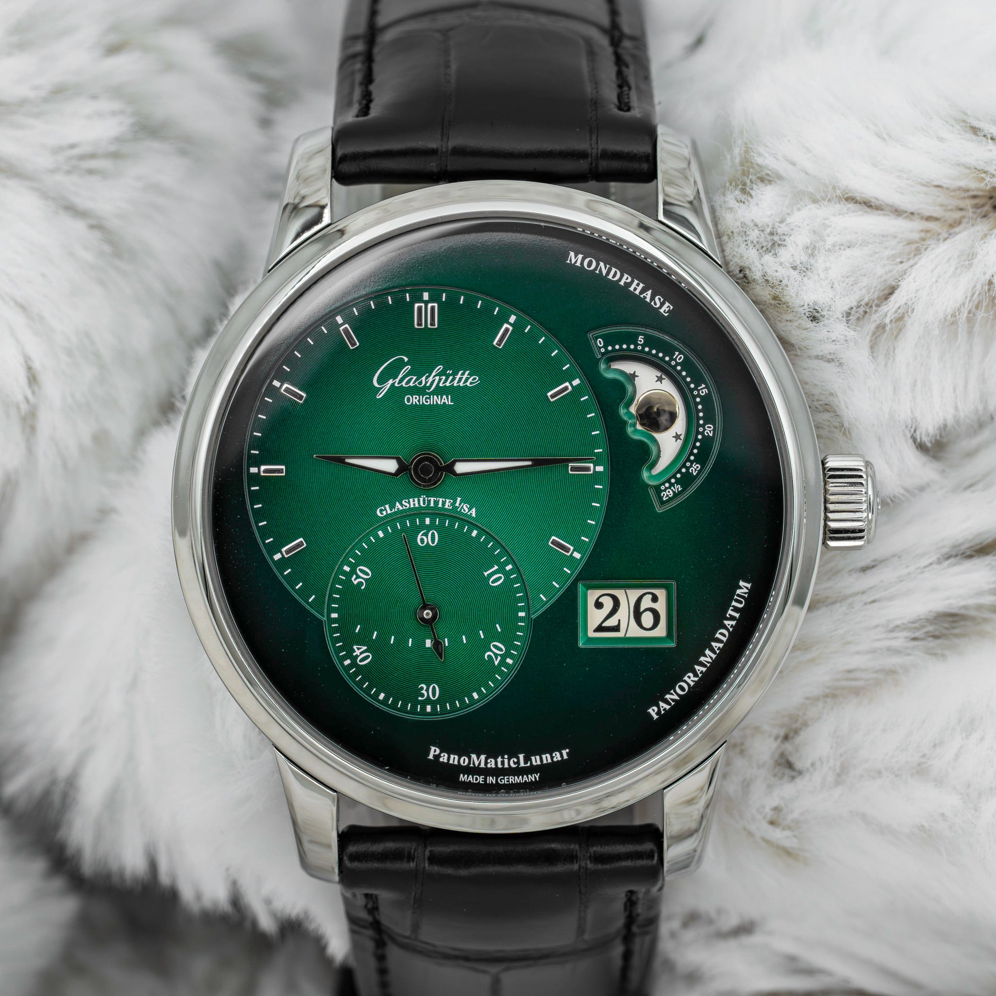 2024 Glashütte Original PanoMaticLunar Green Dial on Black Alligator Strap B+P