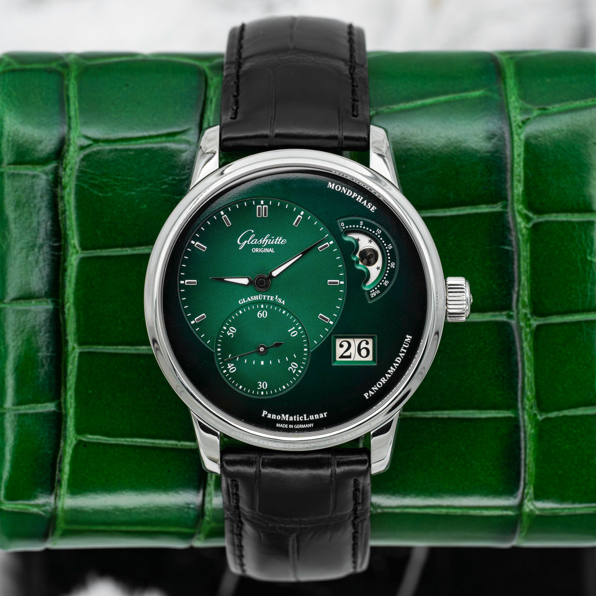 2024 Glashütte Original PanoMaticLunar Green Dial on Black Alligator Strap B+P