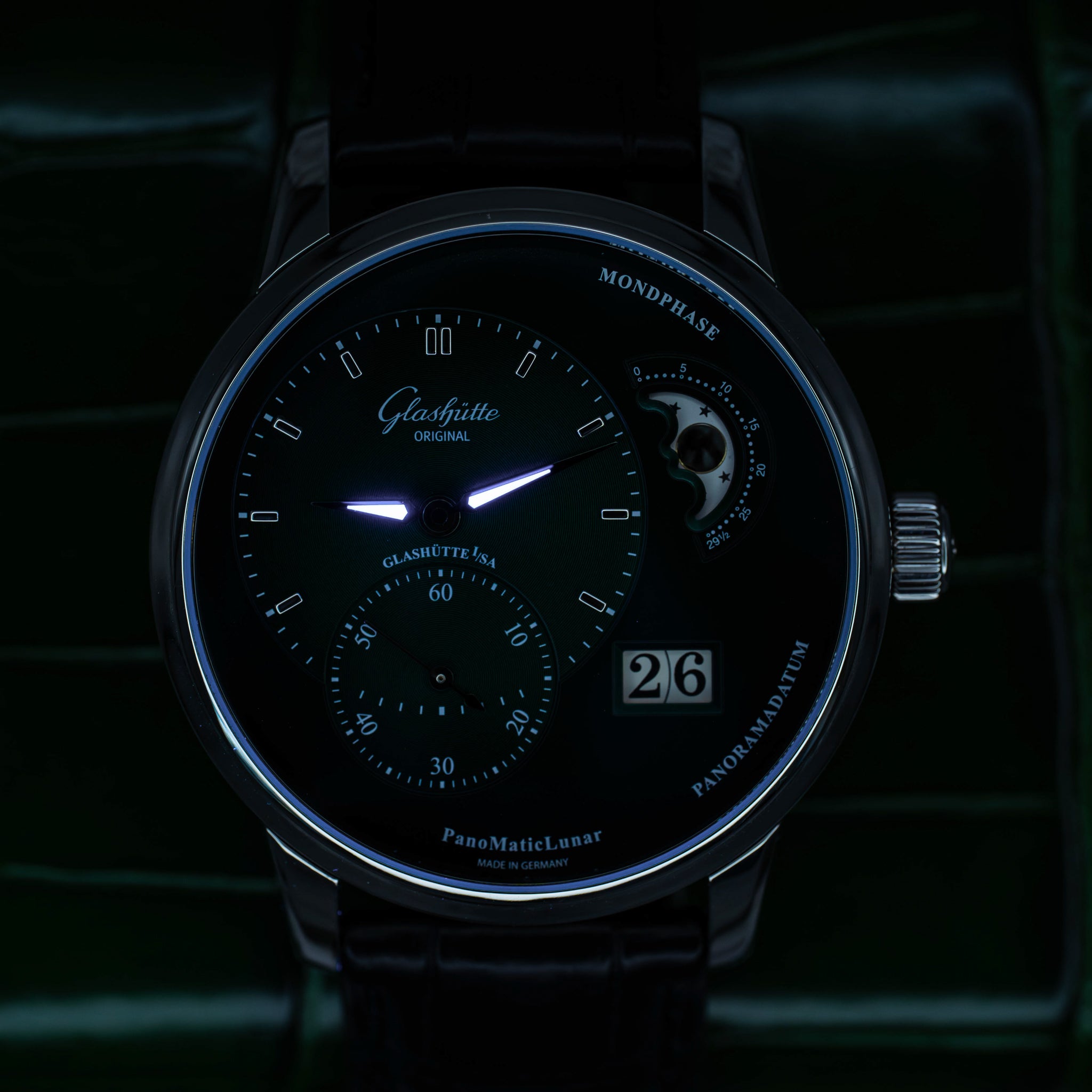 2024 Glashütte Original PanoMaticLunar Green Dial on Black Alligator Strap B+P