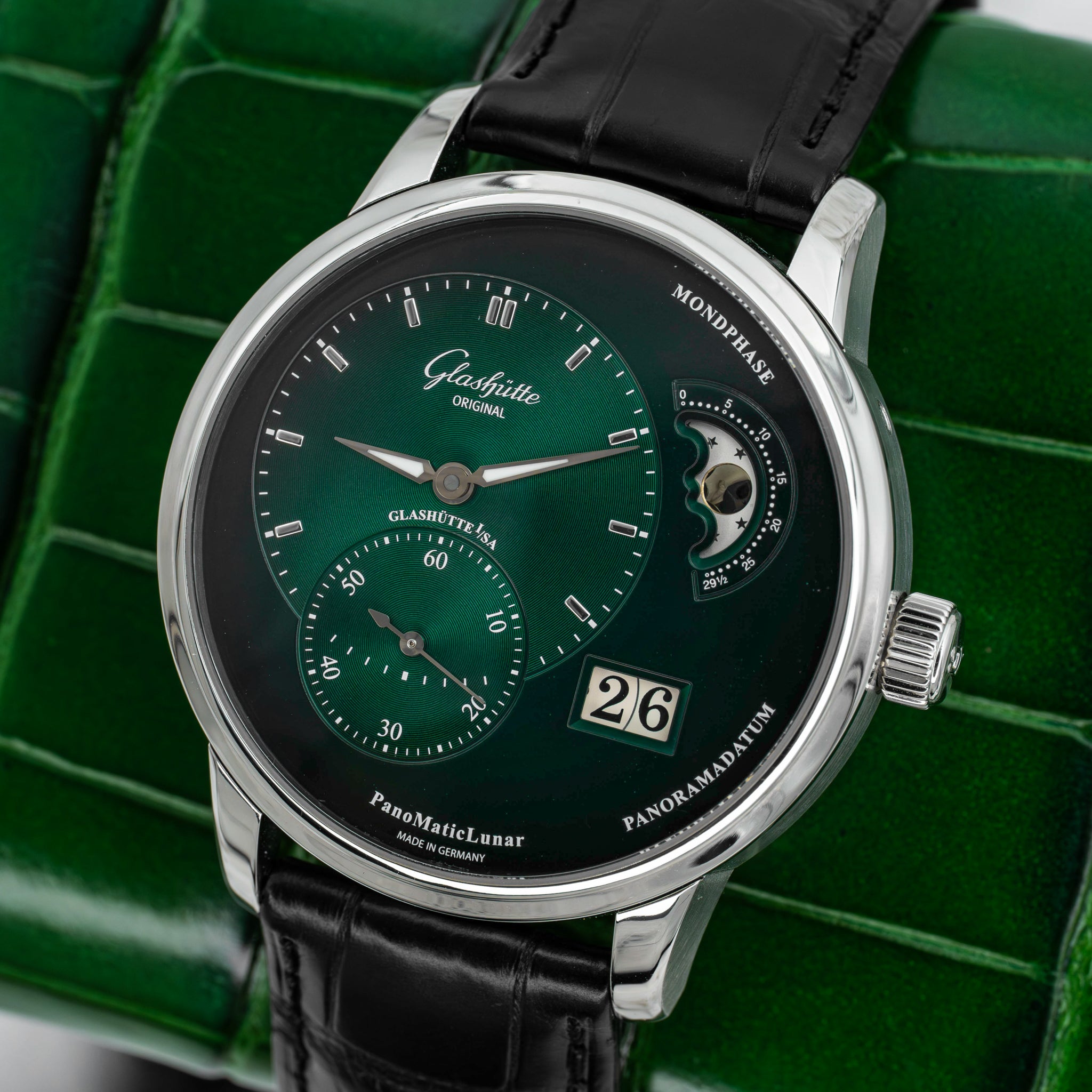 2024 Glashütte Original PanoMaticLunar Green Dial on Black Alligator Strap B+P