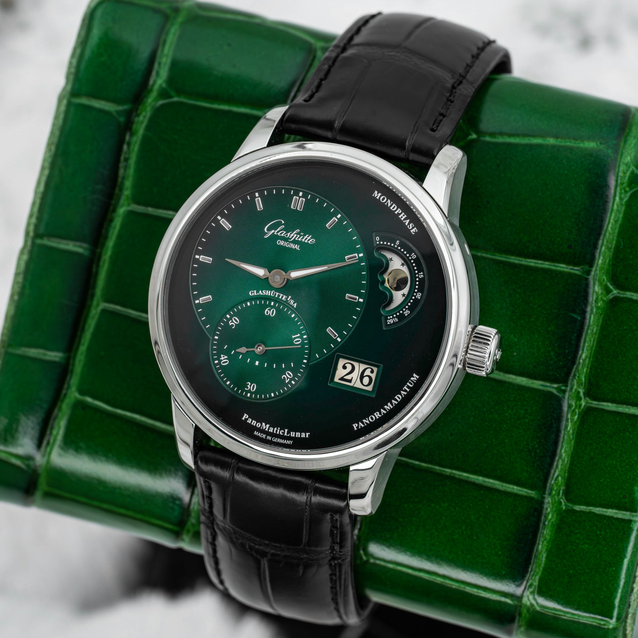 2024 Glashütte Original PanoMaticLunar Green Dial on Black Alligator Strap B+P