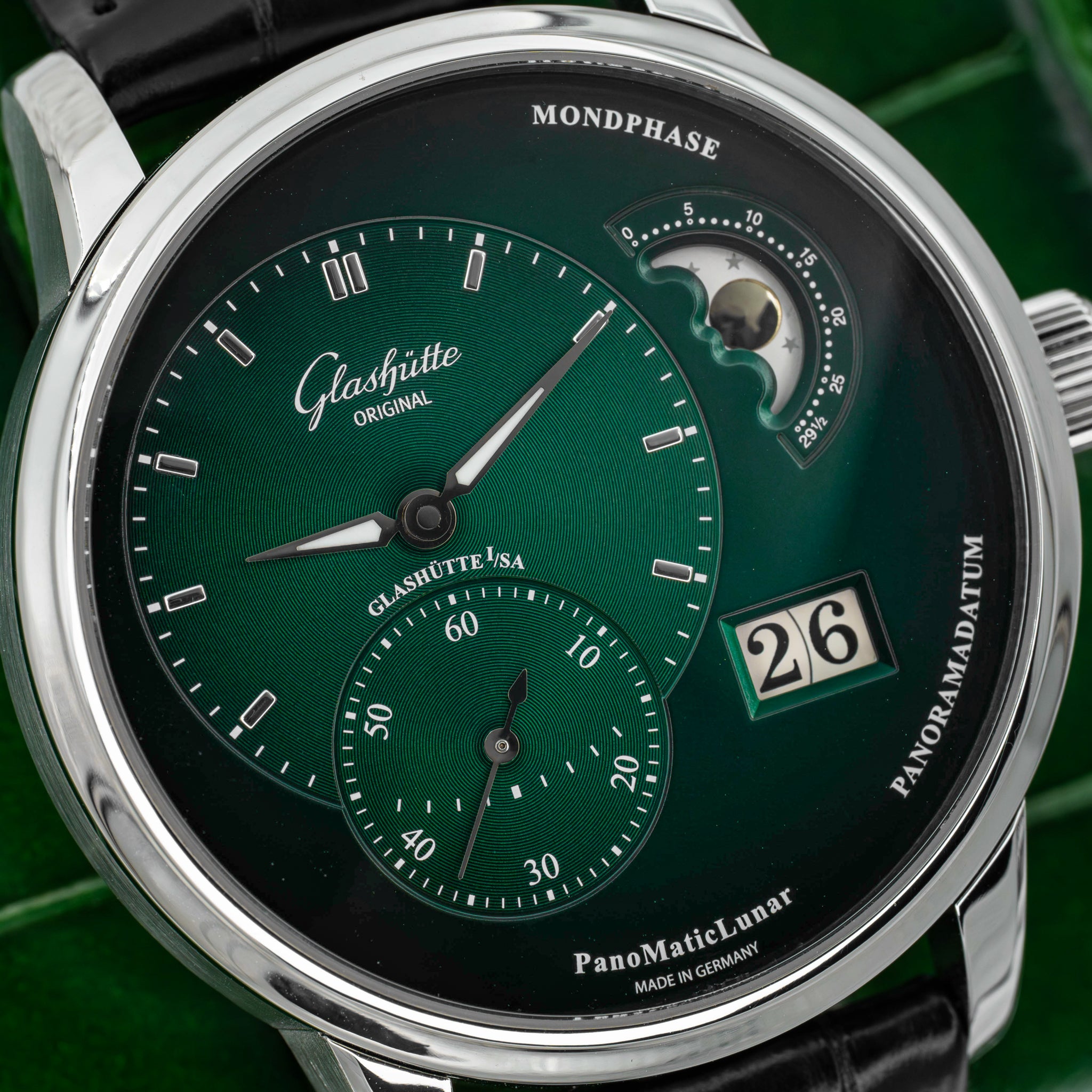 2024 Glashütte Original PanoMaticLunar Green Dial on Black Alligator Strap B+P