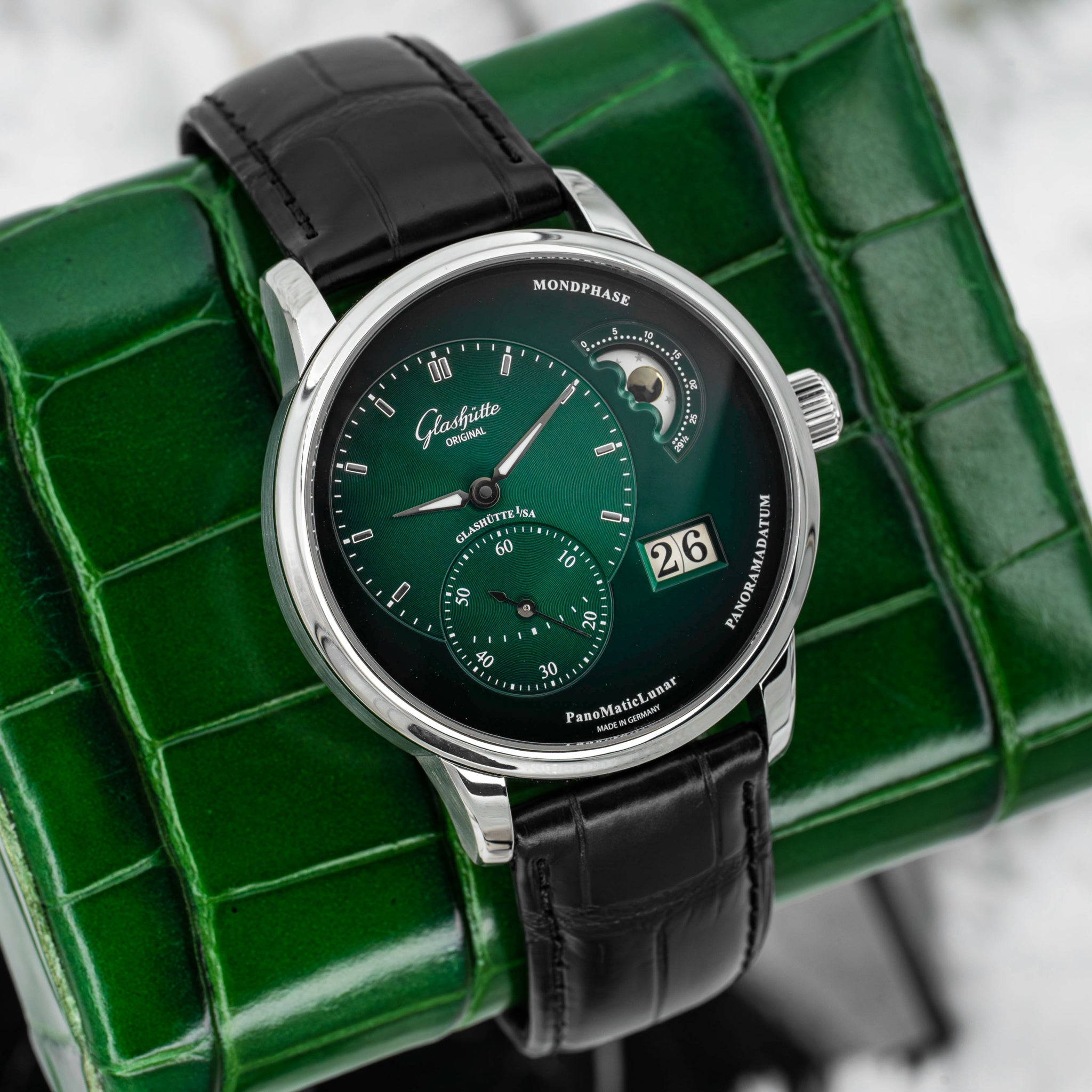 2024 Glashütte Original PanoMaticLunar Green Dial on Black Alligator Strap B+P