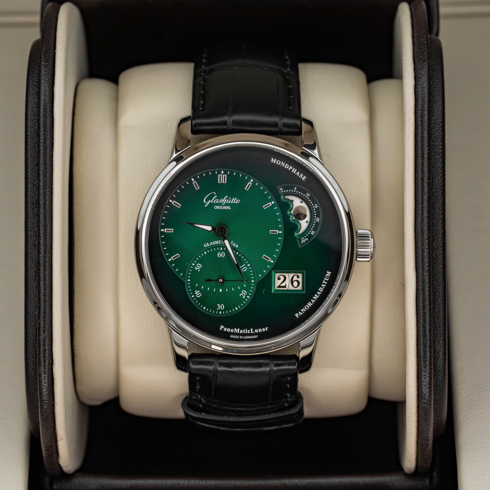 2024 Glashütte Original PanoMaticLunar Green Dial on Black Alligator Strap B+P