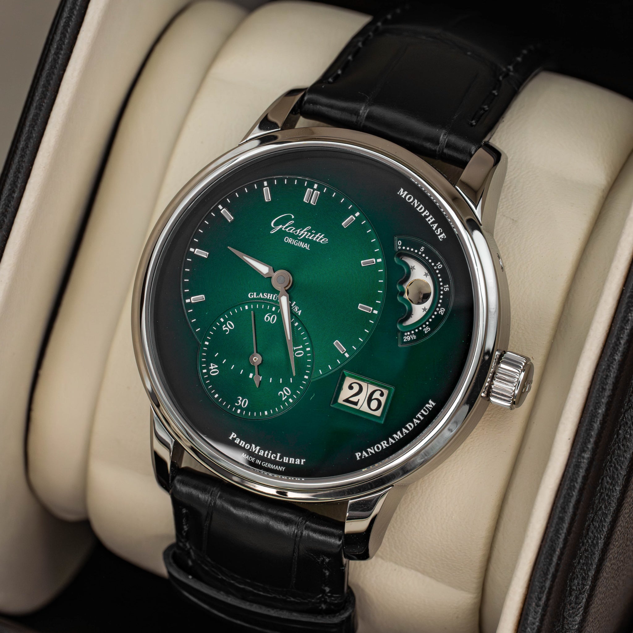 2024 Glashütte Original PanoMaticLunar Green Dial on Black Alligator Strap B+P
